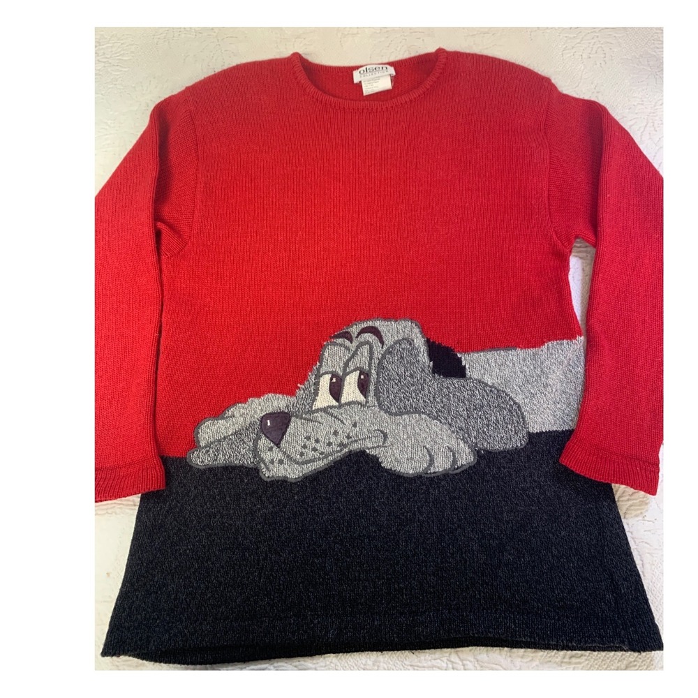 Vintage Olsen Collection Red Dog Intarsia Lambswool Angora Sweater Italy Size 6